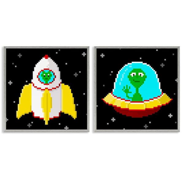 Stupell Industries Pixel Alien Spaceships by June Erica Vess 2 Pieces Gray Framed Fantasy Giclee Art Print 17 in. x 17 in.