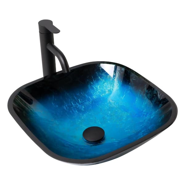 Logmey 16.8 in. Square Bathroom Vessel Sink in Oceanic Blue Glass with Matte Black Faucet and Black Pop-up Drain
