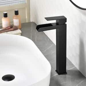 Single Handle Vessel Sink Faucet with Pop-Up Drain, Waterfall Single Hole Tall Bathroom Sink Faucet in Matte Black