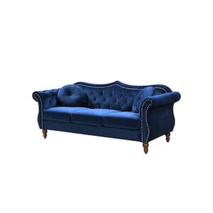Bellbrook 79.5 in. Blue Velvet 3-Seats Camelback Sofa with Nailheads