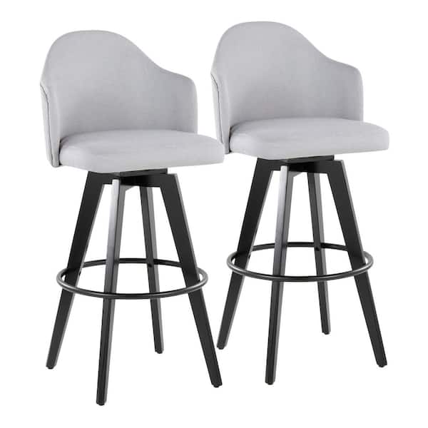 Ahoy Upholstered 41.25 in. Light Grey Fabric, Black Wood & Black Metal Fixed-Height Bar Stool Round Footrest (Set of 2)