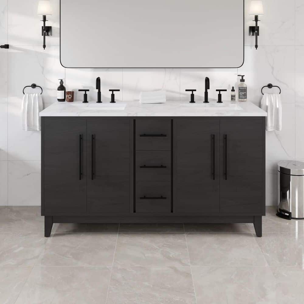 Graham 60 in. Double Sink Blackwood Bath Vanity with White Arabescato Engineered Stone Top (Assembled) price history on PriceWatchPro