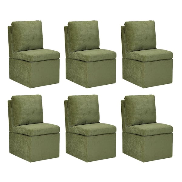 WESTINFURNITURE Stansberry Chenille Olive Green Fabric Upholstered Armless Dining Chair with Lift-Seat Storage, Caster Wheels (Set of 6)