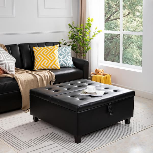 HOMESTOCK Navy Folding Storage Ottoman Upholstered Leather Ottoman Coffee Table Large Ottoman with Storage for Living Room 70058HD The Home Depot