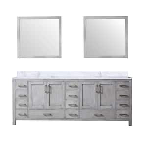 Jacques 84 in. W x 22 in. D Distressed Grey Double Bath Vanity, Carrara Marble Top, and 34 in. Mirrors