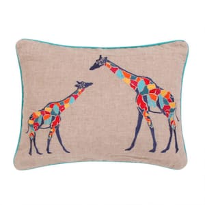 Mackenzie Burlap, Multicolored Giraffes Embroidered with Trim 14 in. x 18 in. Throw Pillow