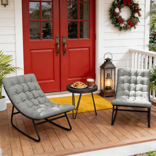 Dark Gray Metal Outdoor Rocking Chair with Polyester Gray Cushion (2-Pack)