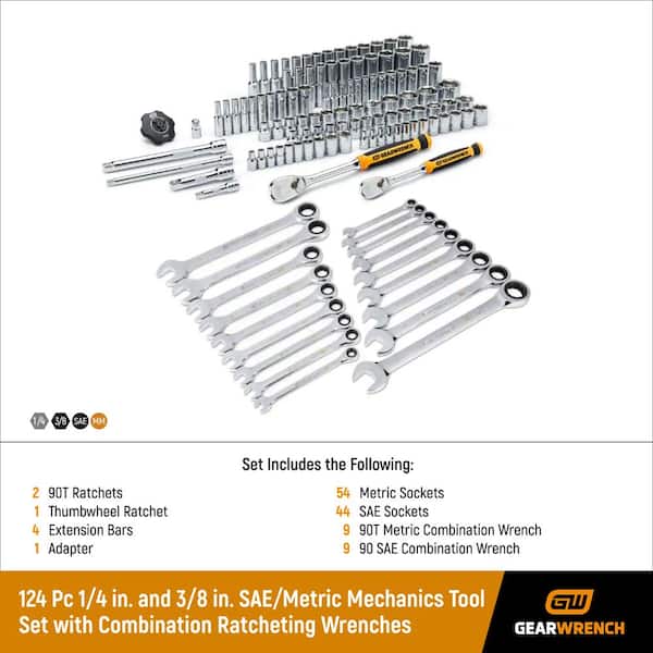 GEARWRENCH 83001698COMBO 1/4 in. and 3/8 in. SAE/Metric Mechanics Tool Set with Combination Ratcheting Wrenches (124-Piece) - 2