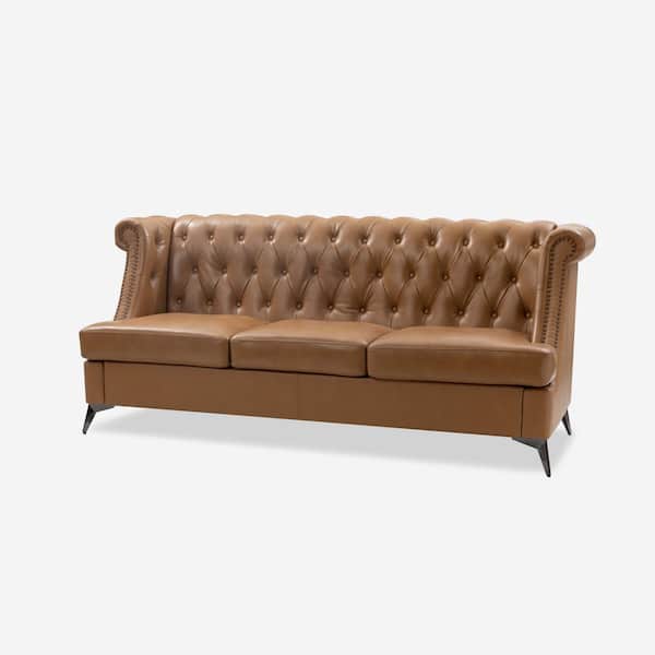 JAYDEN CREATION Rebeca 81.5 in. Wide Rolled Arm Genuine Leather Rectangle Nailhead Trims Sofa in. Camel