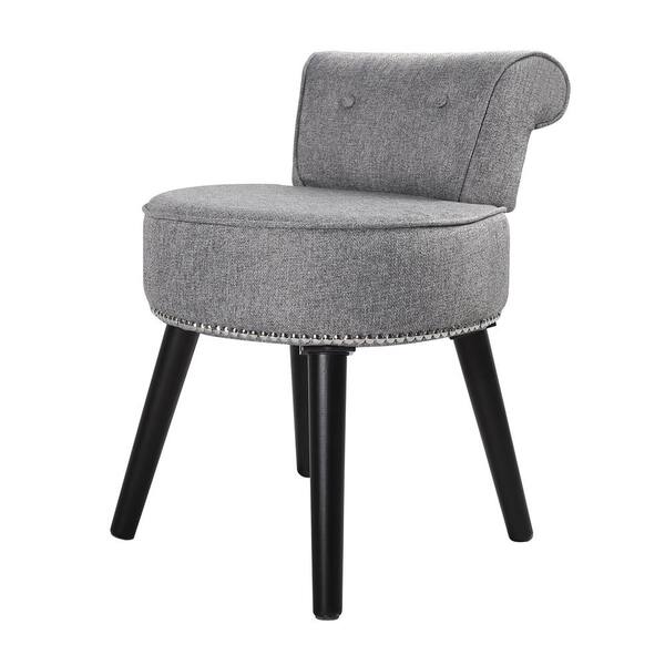 VEIKOUS Grey Vanity Chair Wood Round Linen Upholstered Stool 17.3