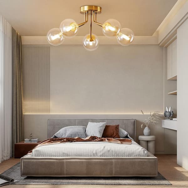 OUKANING 23.6 in. 5-Light Modern Gold Semi-Flush Mount Ceiling