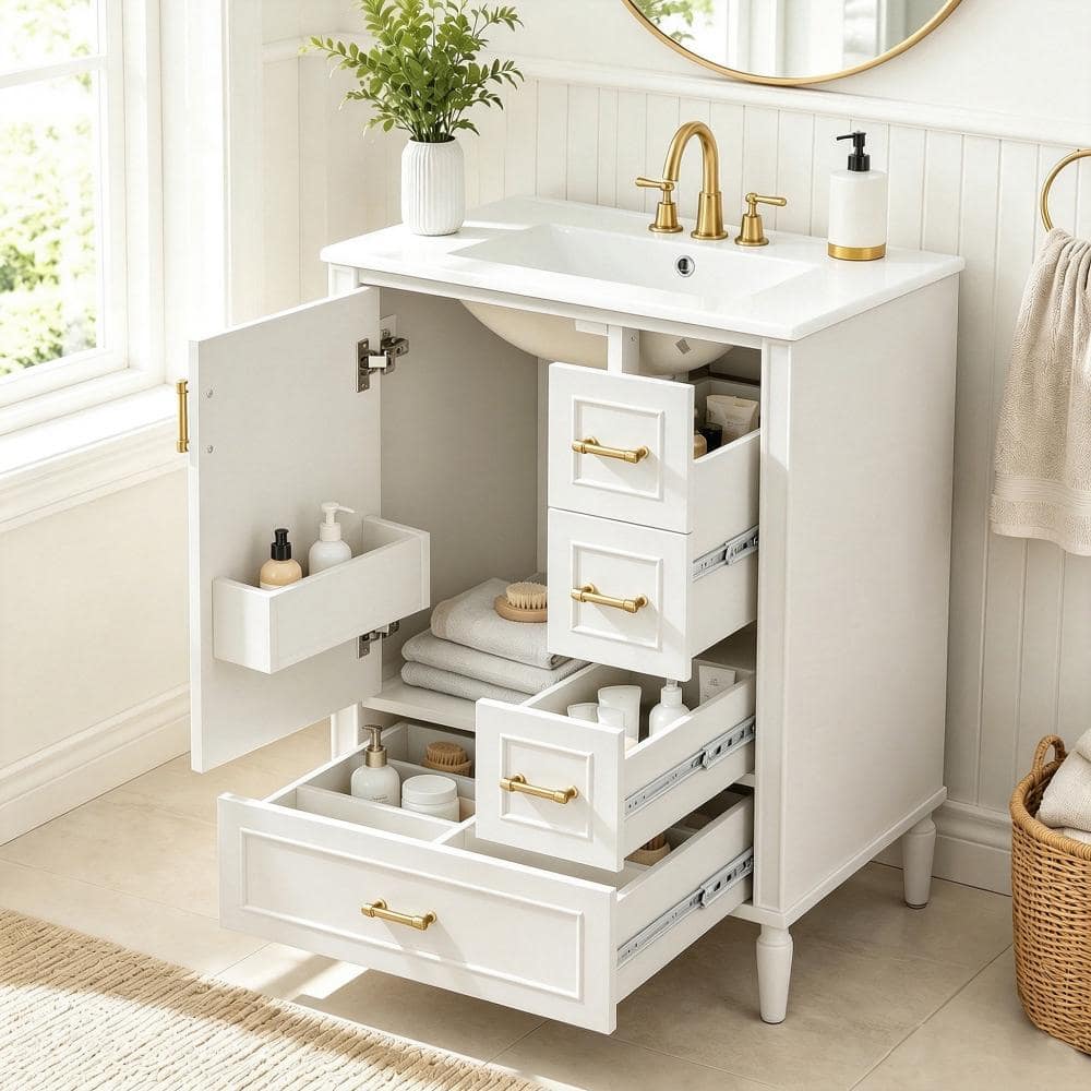 24 in.White Freestanding Bathroom Vanity with Ceramic Single Sink,Soft Close Door & Drawers price history on PriceWatchPro