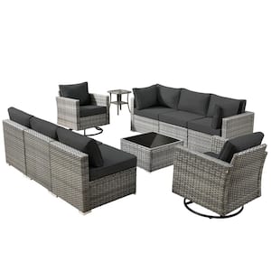 Messi Gray 10-Piece Wicker Outdoor Patio Conversation Sectional Sofa Set with Swivel Chairs and Black Cushions