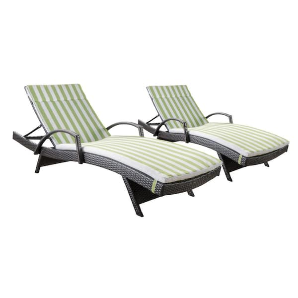 Noble House Miller Multi-Brown 2-Piece Wicker Outdoor Chaise Lounge Set with Green/ White Stripe Cushions and Armrest