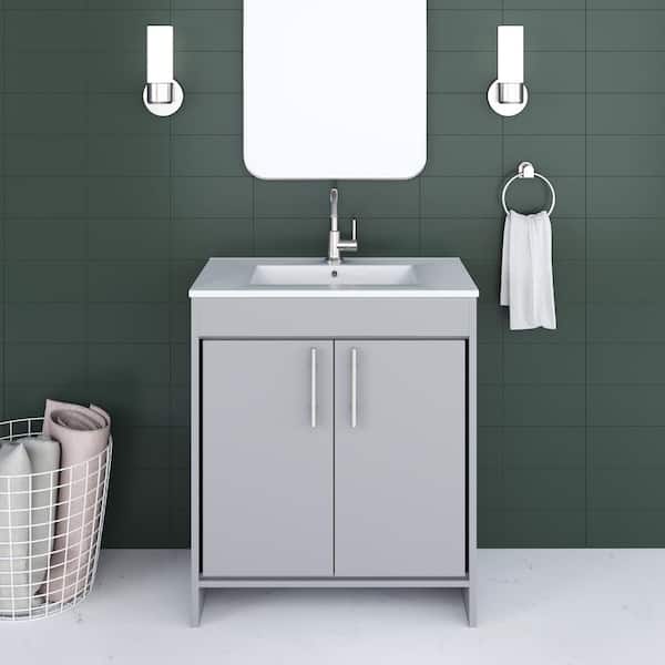 VOLPA USA AMERICAN CRAFTED VANITIES Villa 30 in. W x 18 in. D Bathroom Vanity in Gray with Ceramic Vanity Top in White with White Basin