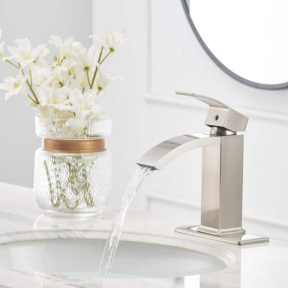 Brushed Nickel Single-Handle Waterfall Bathroom Faucet with Drain