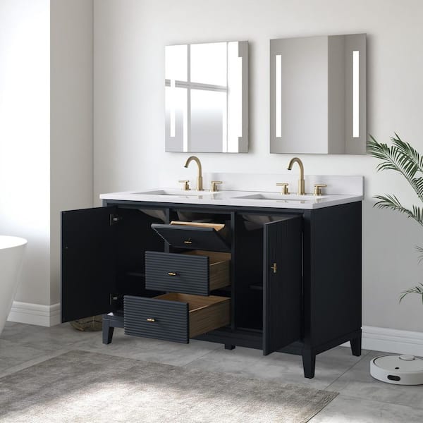 54 in. W x 34 in. H Double Sink Vintage Spruce Blue Bath Vanity Cabinet with Arabescato White Engineered Marble Top
