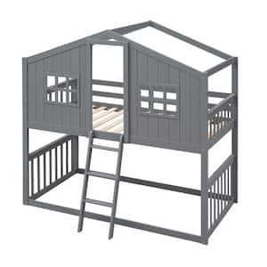 Twin Over Twin Wood Frame House Bunk Bed with Ladder, Gray