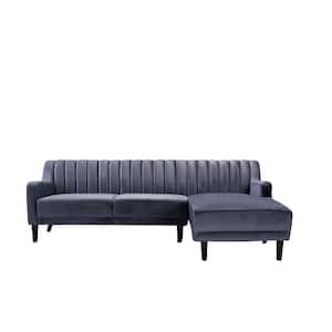 2-Piece Gray Channel Velvet 3-Seater L-Shaped Right-Facing Sectional Sofa with Tapered Legs