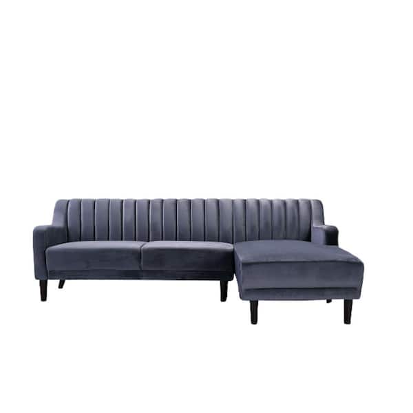 US Pride Furniture 2-Piece Gray Channel Velvet 3-Seater L-Shaped Right-Facing Sectional Sofa with Tapered Legs