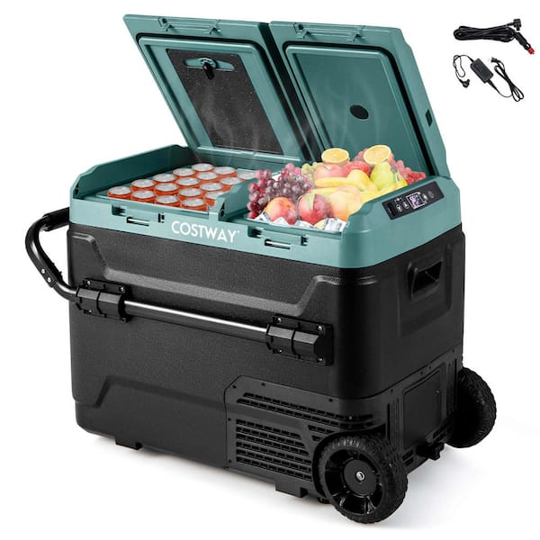 Costway 53 Quart 2.13 cu.Ft. Green Manual Car Refrigerator Portable 12/24V DC and 110-240V AC Dual Zone Car Freezer in Green
