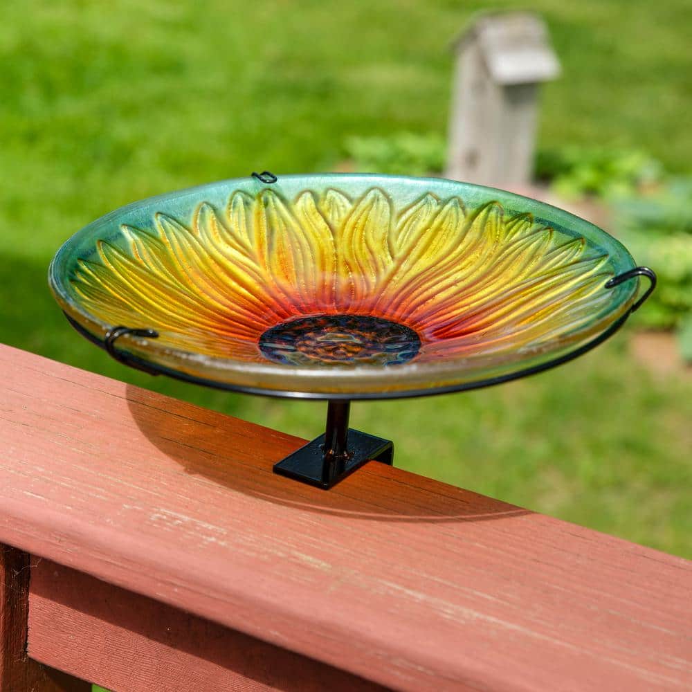 Blooming Sunflower Glass Bird Bath with Iron Stake and Clamp