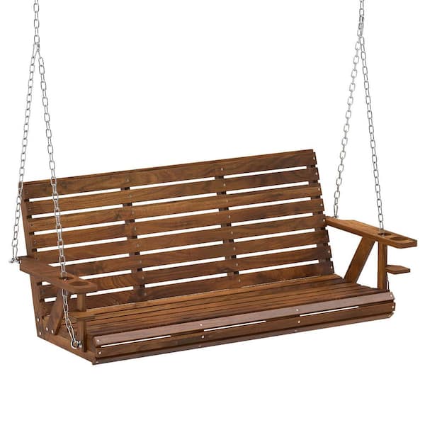 Wooden Porch Swing 3-Seater, 5 ft. Outdoor Patio Swing Bench with Cupholders, Carbonized