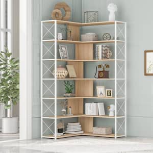 37.4 in. Oak Wood 6 Shelf Standard Bookcase