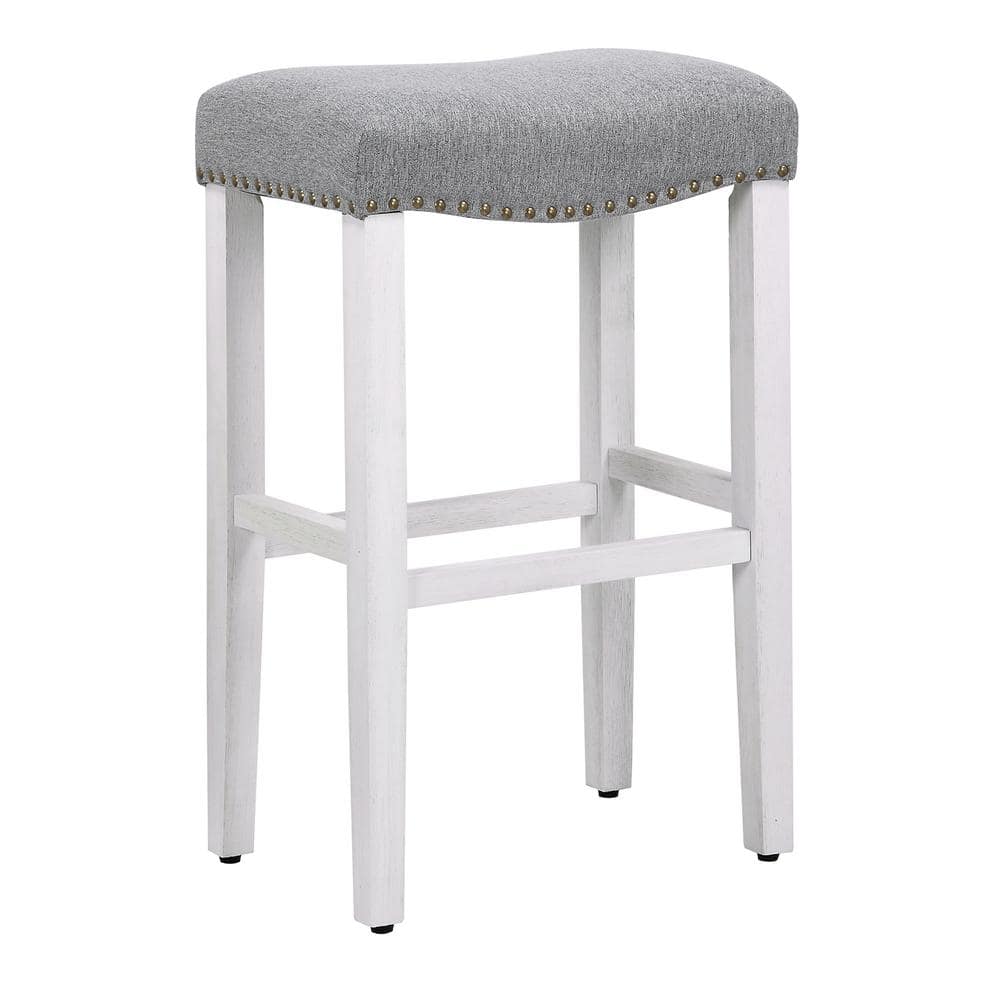 29" Antique White and Gray Upholstered Saddle Seat Counter Stool