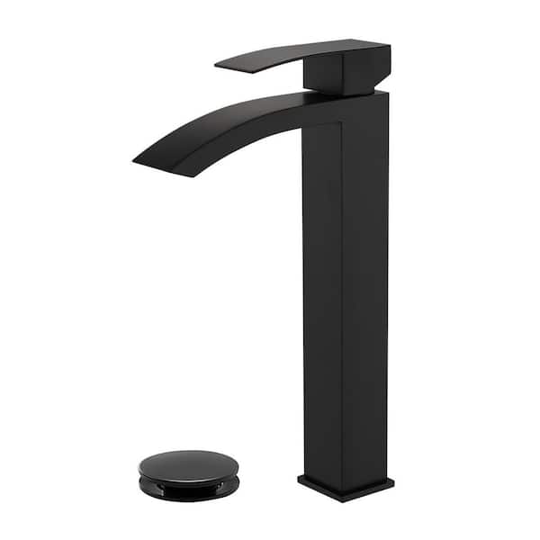 High Arc Single Handle Single Hole Bathroom Faucet with Drain Kit Included in Black