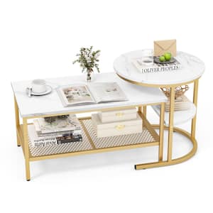 31.5 in. in Gold Rectangle Marble Coffee Table Set of 2 with Storage Shelf
