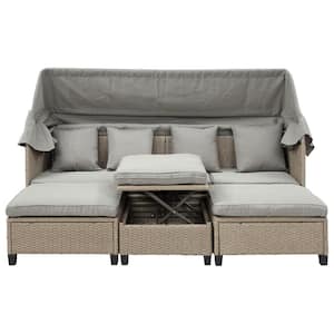 Brown 4-Piece UV-Proof Resin Wicker Outdoor Sectional Sofa Set with Retractable Canopy and Cushions in Gray
