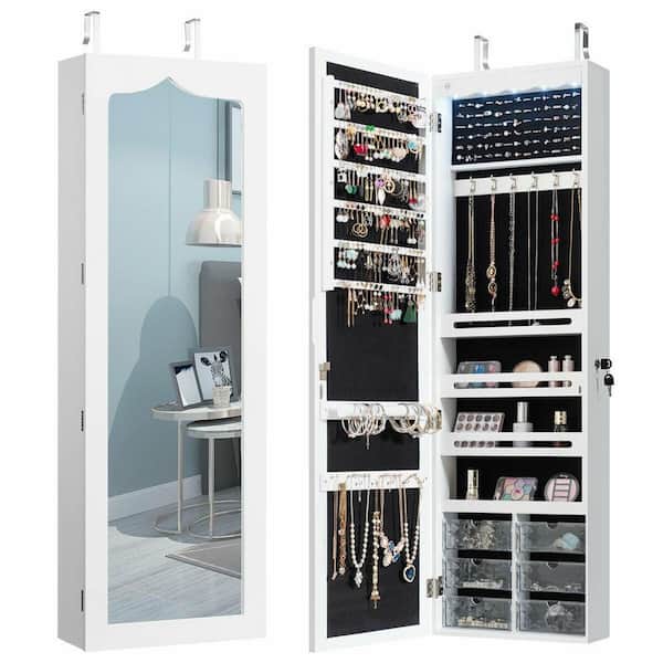 14.5 in. x 47.5 in. White MDF Wall Mounted Jewelry Armoire Storage Organizer Box with Glass Mirror and Drawers