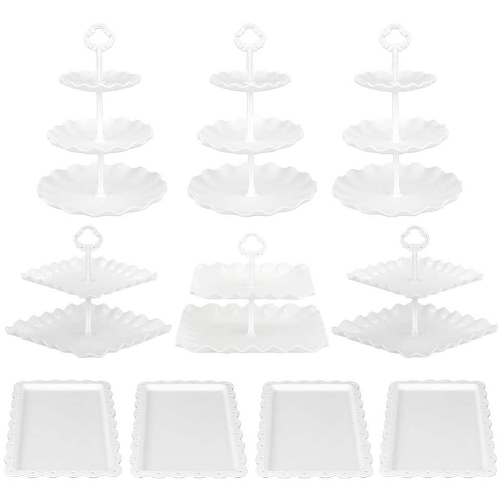 Pack of 10 White Cake Stand Set with 3 Two-Tier and 3 Three-Tier Cupcake Stands, 4 Appetizer Trays, for Birthday Party