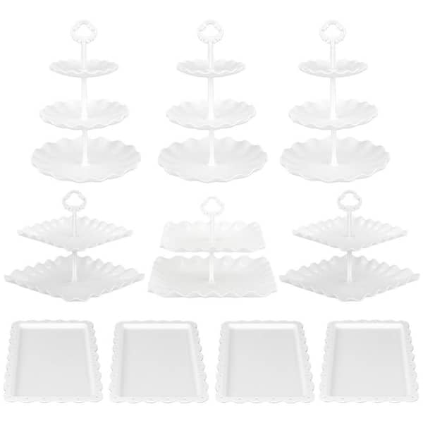 Pack of 10 White Cake Stand Set with 3 Two-Tier and 3 Three-Tier Cupcake Stands, 4 Appetizer Trays, for Birthday Party