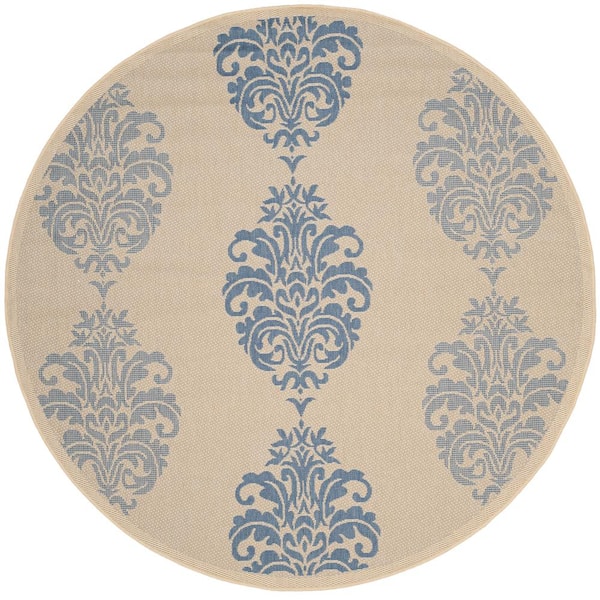 SAFAVIEH Courtyard Natural/Blue 5 ft. x 5 ft. Round Floral Indoor/Outdoor Patio  Area Rug