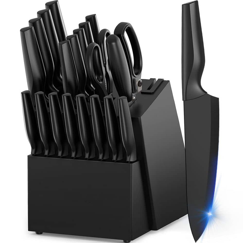 Numhew 21-Piece Black Stainless Steel Knife Set with Block and