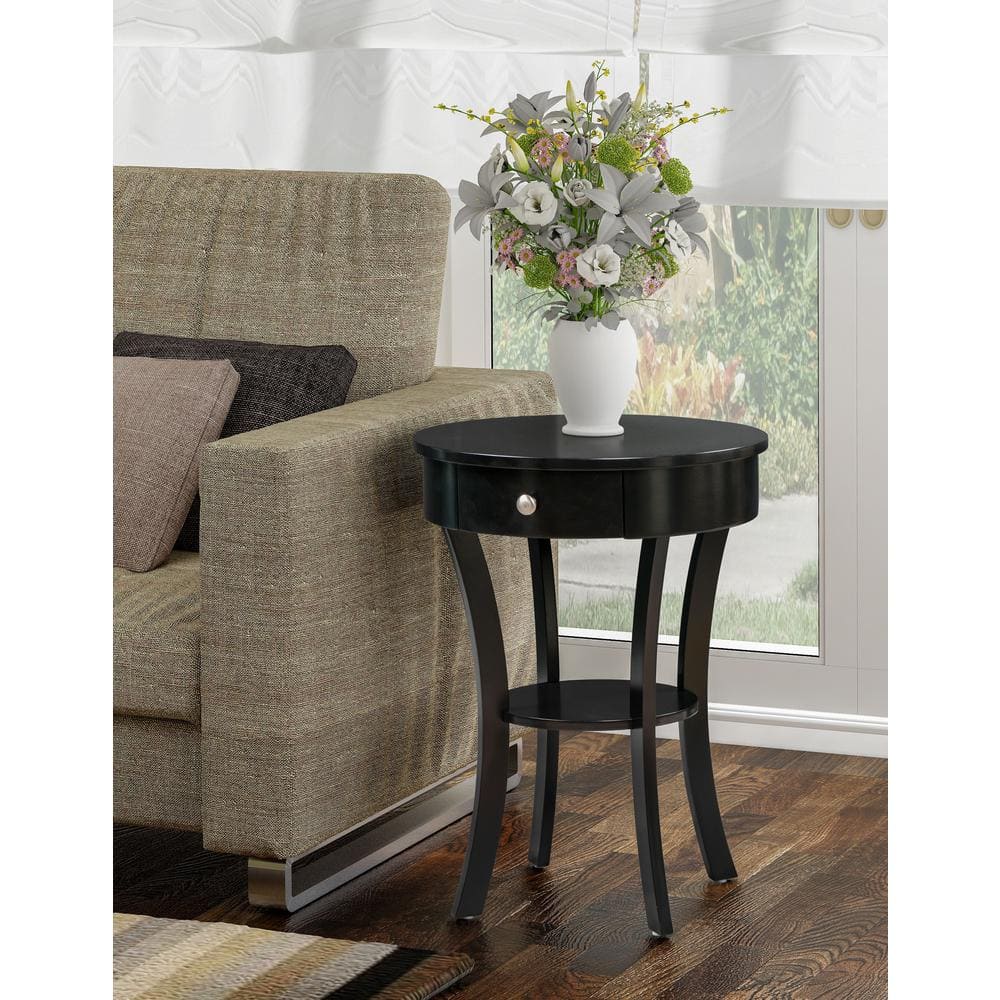 Elegant Schaffer Round Black Wood End Table with Storage