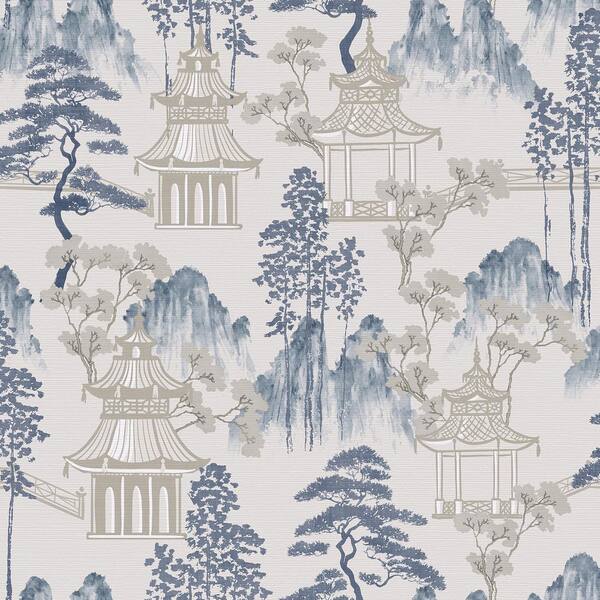 Akio Blue Pagoda Wallpaper Sample