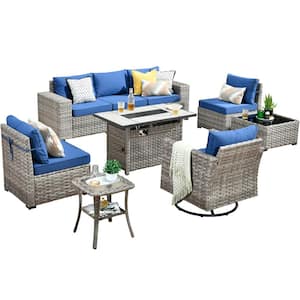 Tahoe Grey 9-Piece Wicker Patio Rectangle Fire Pit Conversation Sofa Set with a Swivel Chair and Navy Blue Cushions