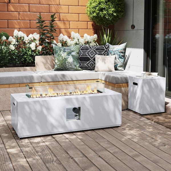42 in. Rectangular Iron Outdoor Fire Pit Table with Tank Cover, Lid, Volcanic rocks and Rain Cover in White