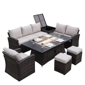 Madison 7-Piece Wicker Patio Fire Pit Conversation Sofa Set with Beige Cushions