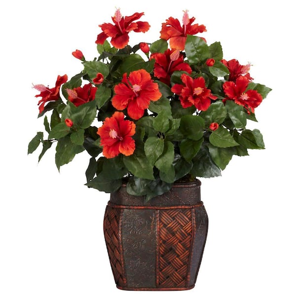 Nearly Natural 24 in. Artificial H Red Hibiscus with Vase Silk Plant