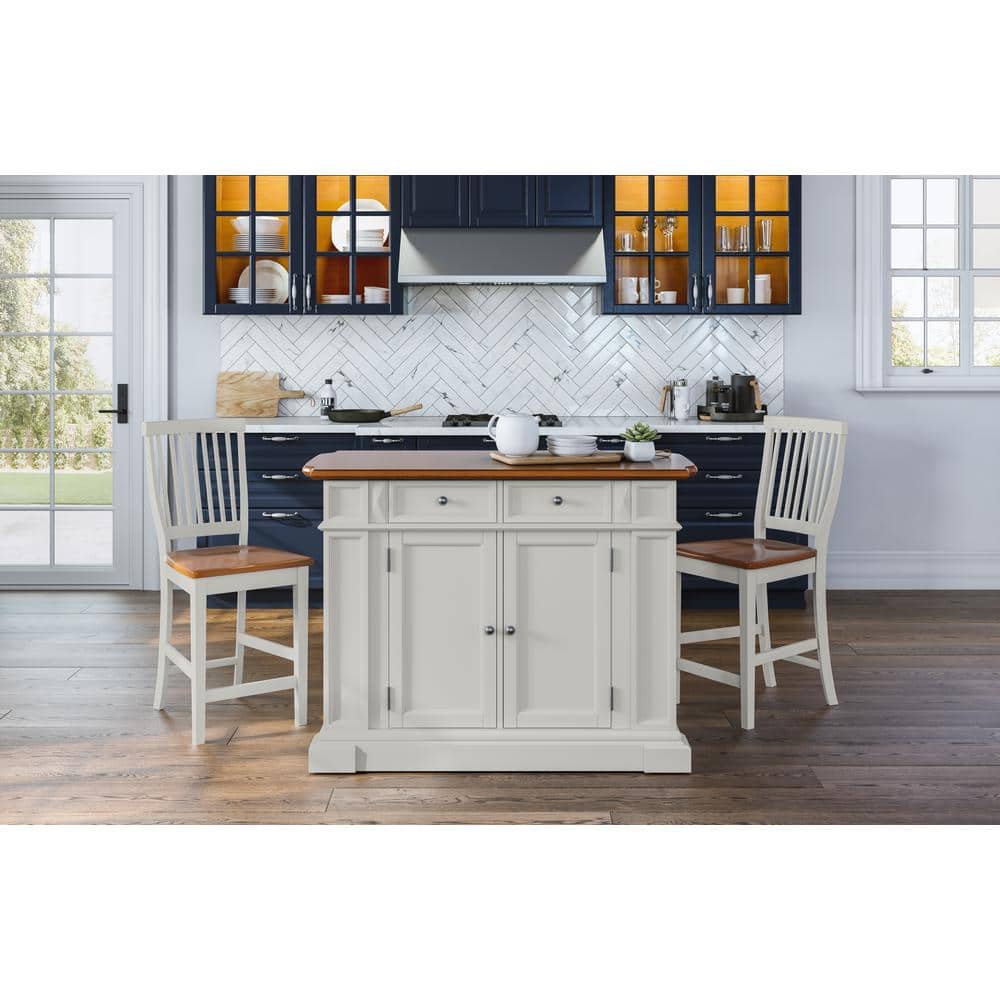 Americana Off-White Distressed Oak Kitchen Island Set with Stools