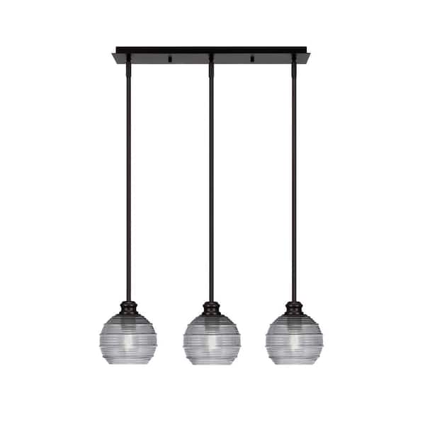 Unbranded Albany 60-Watt 3-Light Espresso Linear Pendant Light with Smoke Ribbed Glass Shades and No Bulbs Included