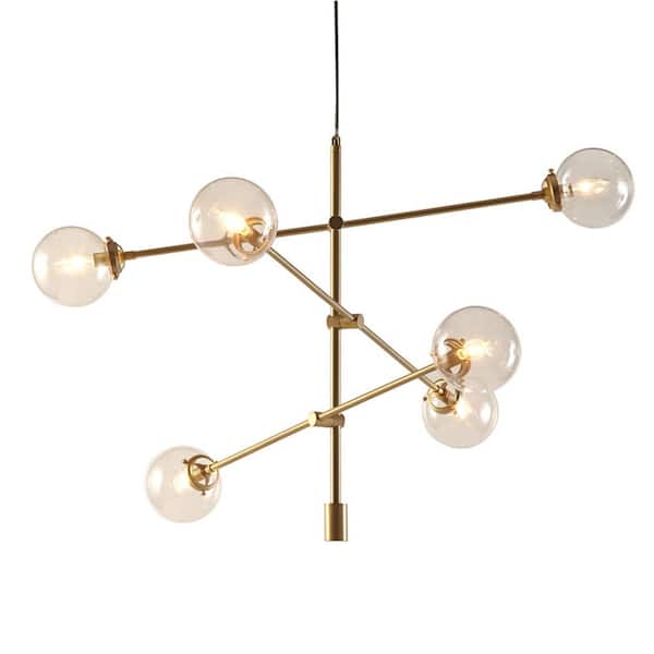 Modern 6-Light Gold Finish Architectural Metal Globe Round Chandelier for Living Room with No Bulb Included