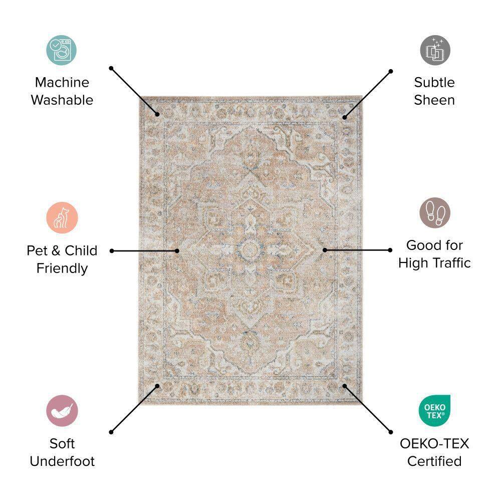 Teal Beige Floral Synthetic Washable Rectangular Area Rug 5' x 7'