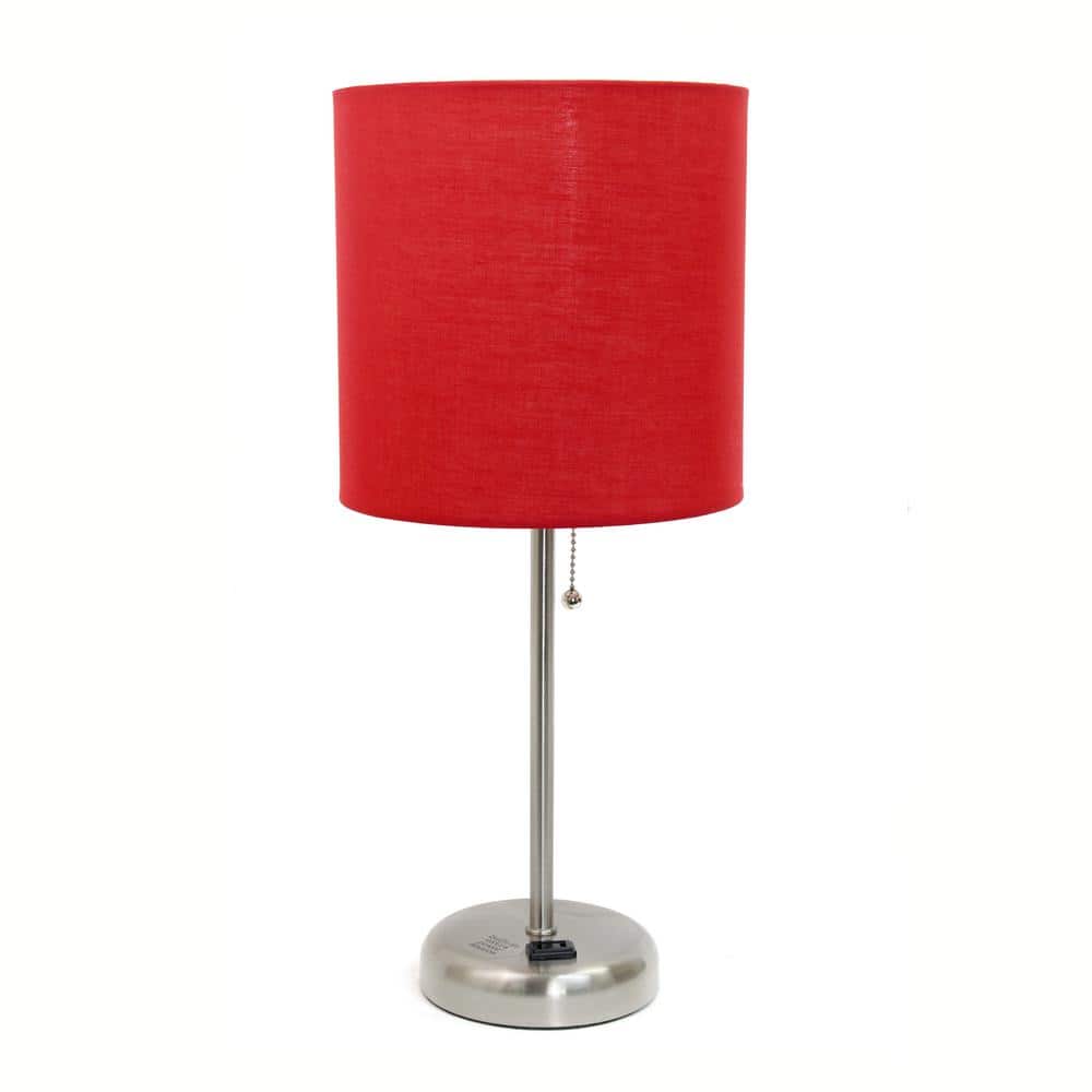 Brushed Steel Stick Table Lamp with Red Drum Shade and USB Port