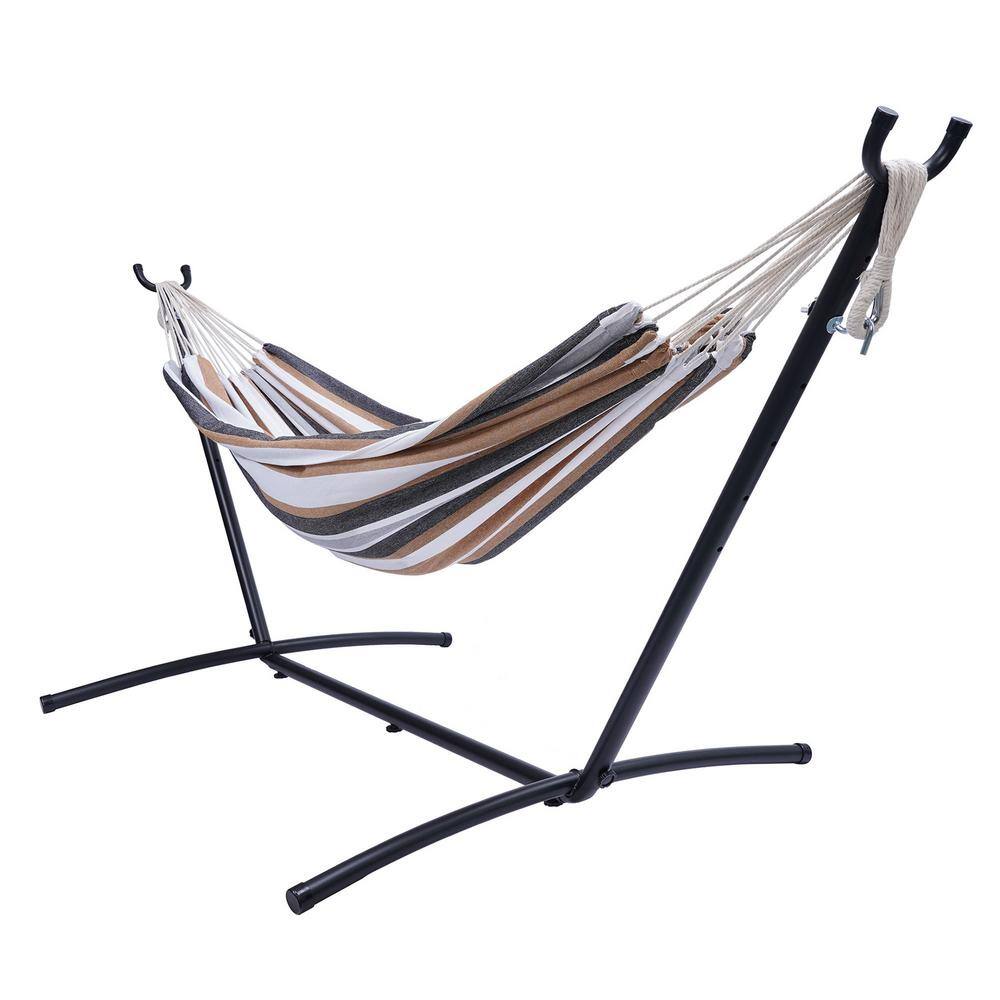 myhomore 112 in. Outdoor Cotton Hammock Bed with Stand in Brown Striped YCBR The Home Depot