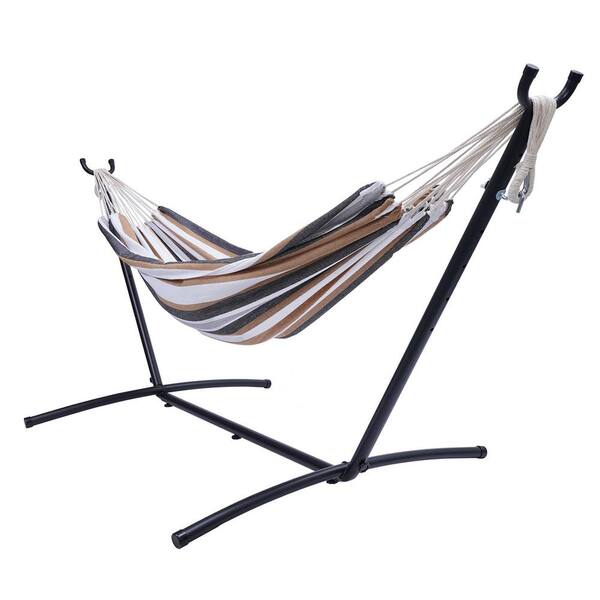 myhomore 112 in. Outdoor Cotton Hammock Bed with Stand in Brown Striped